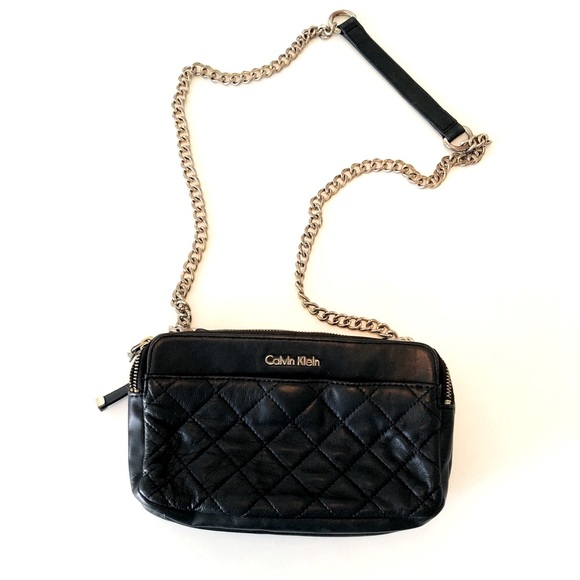 Calvin Klein Quilted Black Leather Convertible Crossbody Bag w/ Gold Chain Strap - Picture 1 of 16